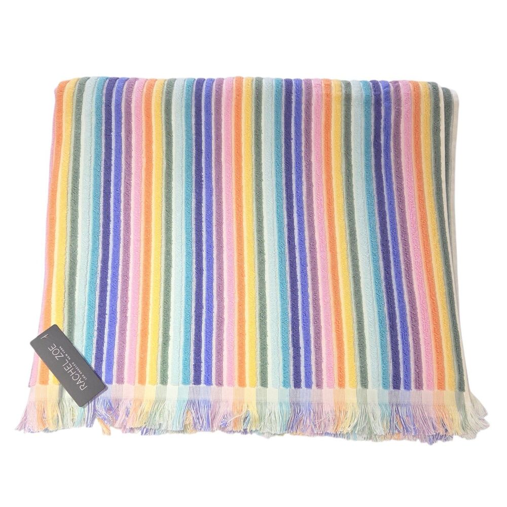 Rachel Zoe Rainbow Striped Fringe Cotton Beach Towel Set 70x40 Quick Dry Spring - Picture 2 of 6